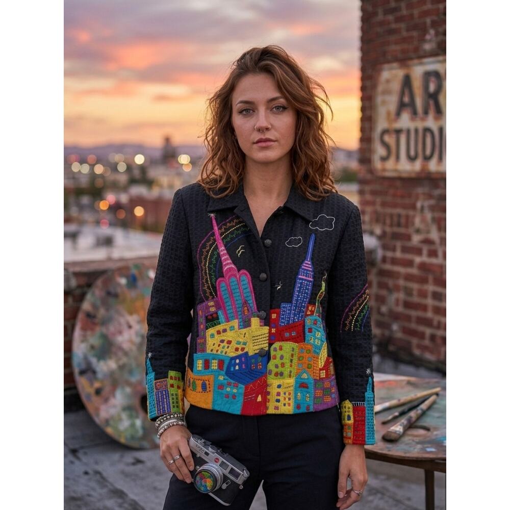 Vintage Black Cotton City Pop Art Embroidered Blazer Jacket L Dopamine Textured